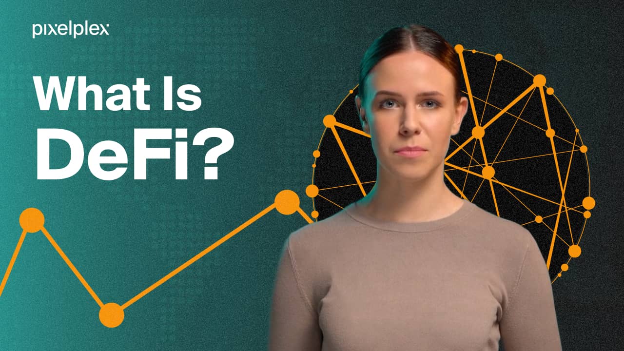 A speaker on a green background explains what DeFi is