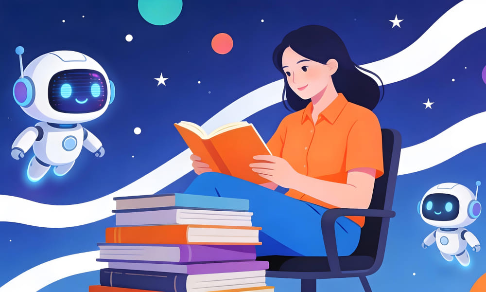 A person reading a book next to an android