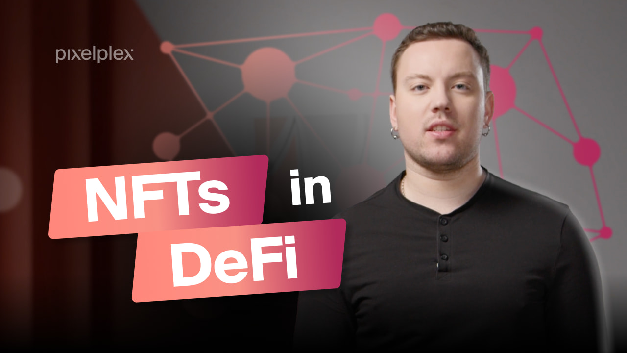 A speaker on a grey and red background takes a look at NFTs in DeFi topic
