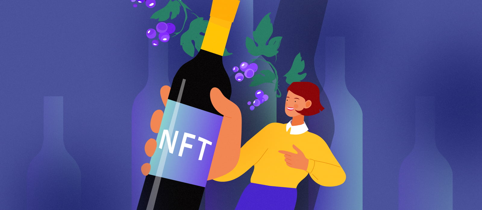 A person holding and a bottle of wine with NFT on it