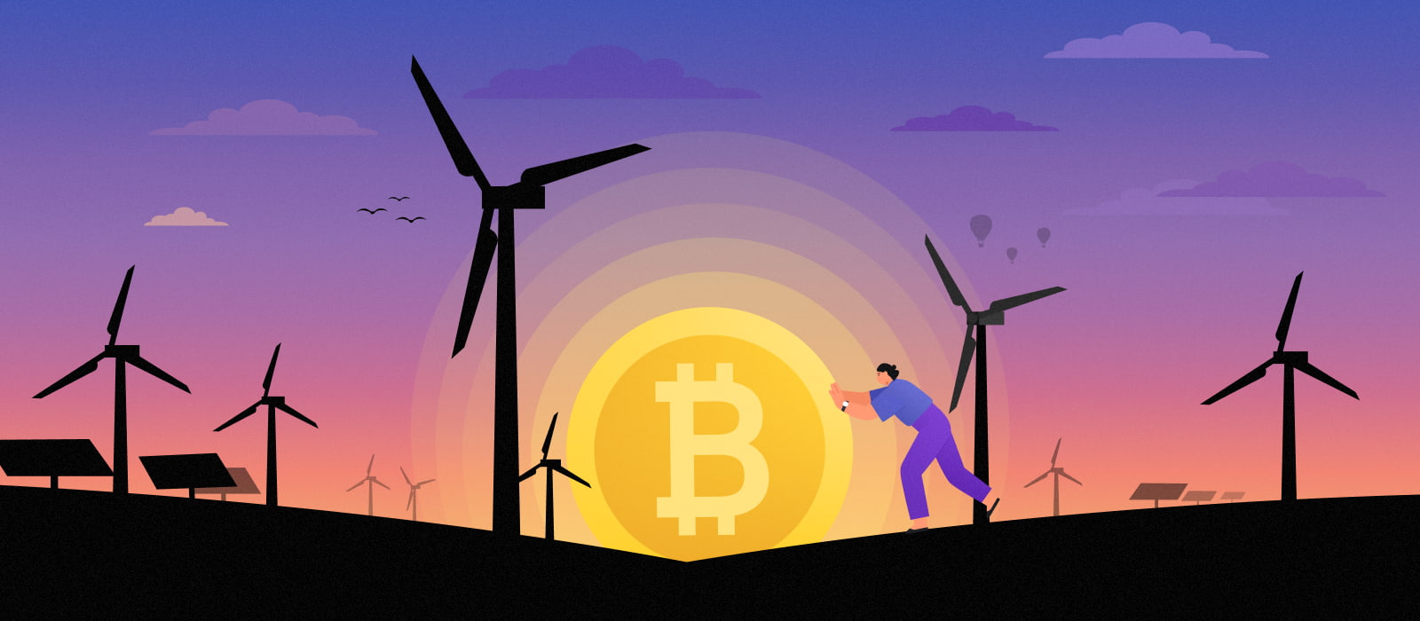 A person pulling the Bitcoin token and windmills around it