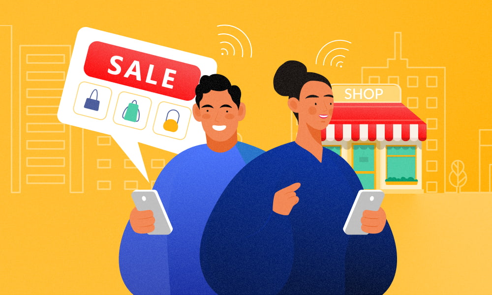 Two people getting notifications about store sale via mobile beacons