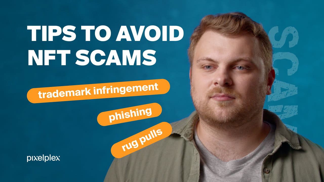 A person describing common NFT scam schemes on a blue background