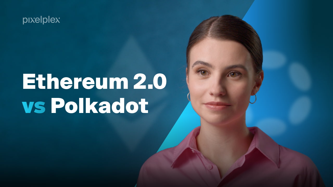 A person comparing Ethereum and Polkadot on a blue background