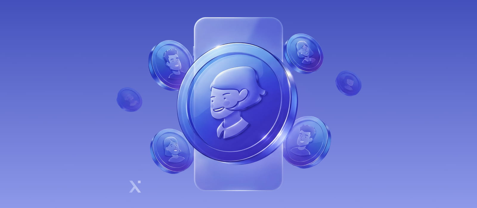 Digital illustration of blue coins with stylized human faces surrounding a large central coin and smartphone on a gradient blue background.
