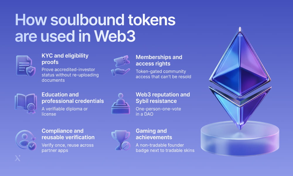 Diagram illustrating the use of soulbound tokens in web3, highlighting their unique features and applications in digital identity.