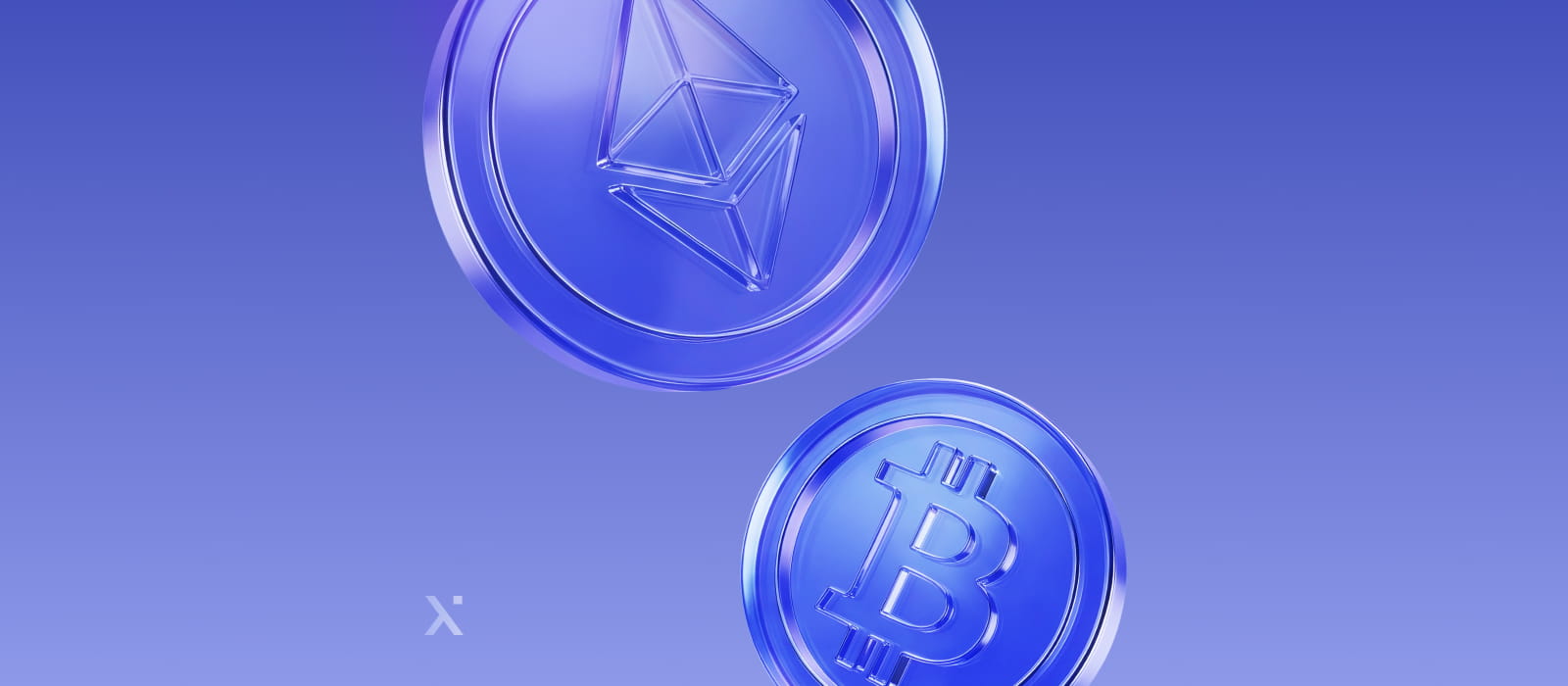 Two blue, translucent coin logos, one with a Bitcoin symbol and the other with an Ethereum symbol, float on a gradient blue background.