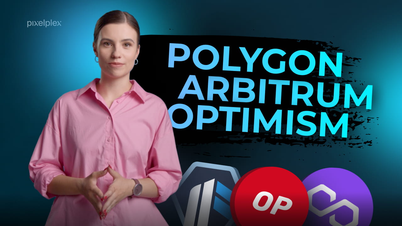 A person on a blue background compares Polygon, Arbitrum and Optimism