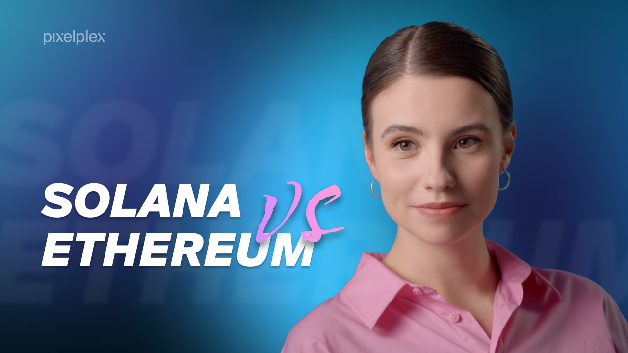 A person on a blue background compares Solana and Ethereum