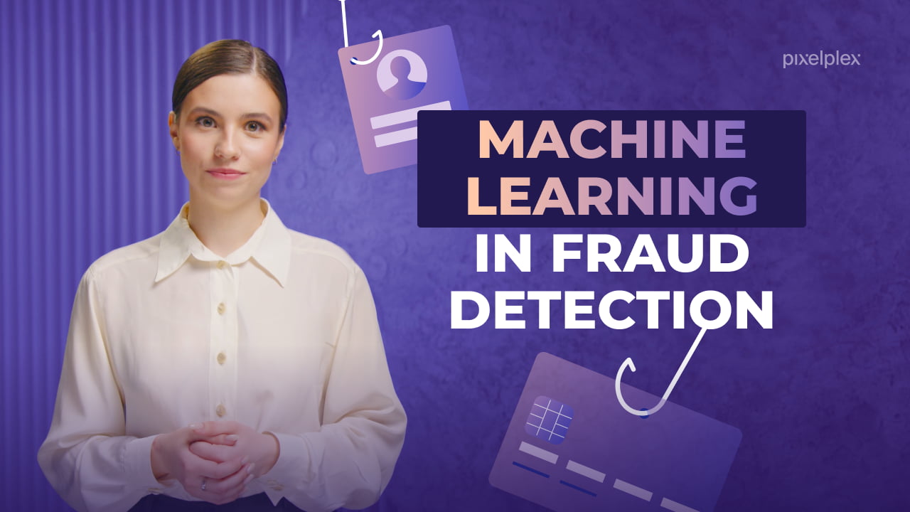 A person on a purple background speaks about machine learning in fraud detection