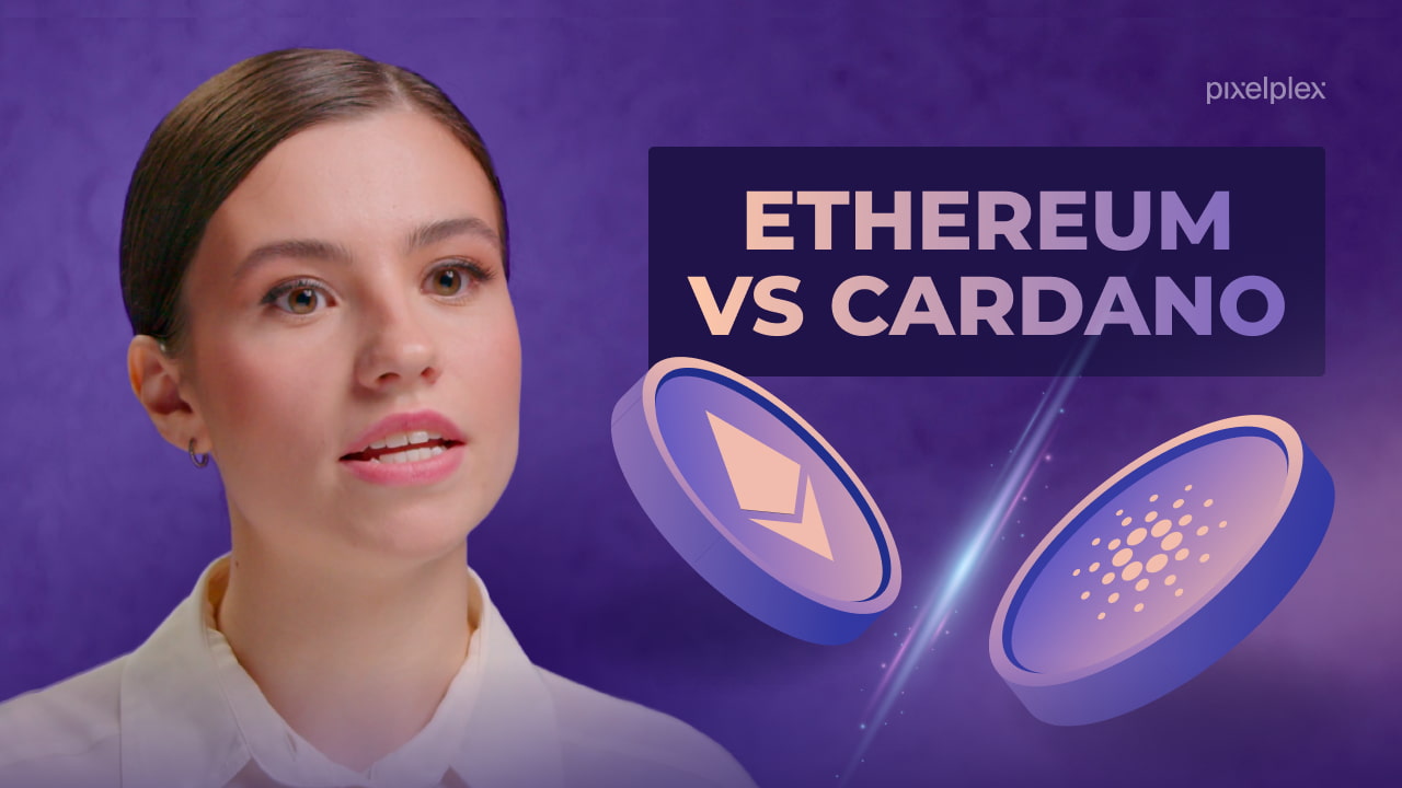 A person on a purple background compares Ethereum and Cardano