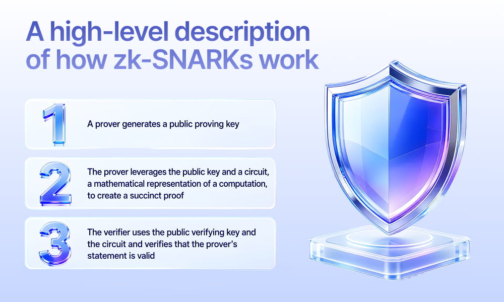 Visual representation of zk-SNARKs, detailing the interaction between prover, verifier, and the cryptographic proof generation.
