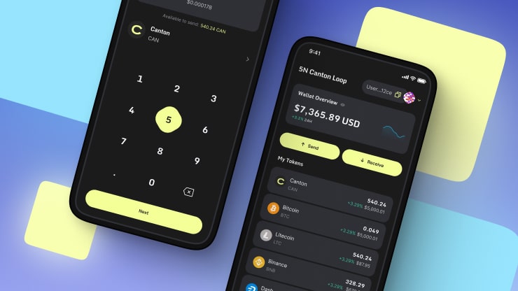 Two smartphones displaying a cryptocurrency app interface side by side on a neutral background.
