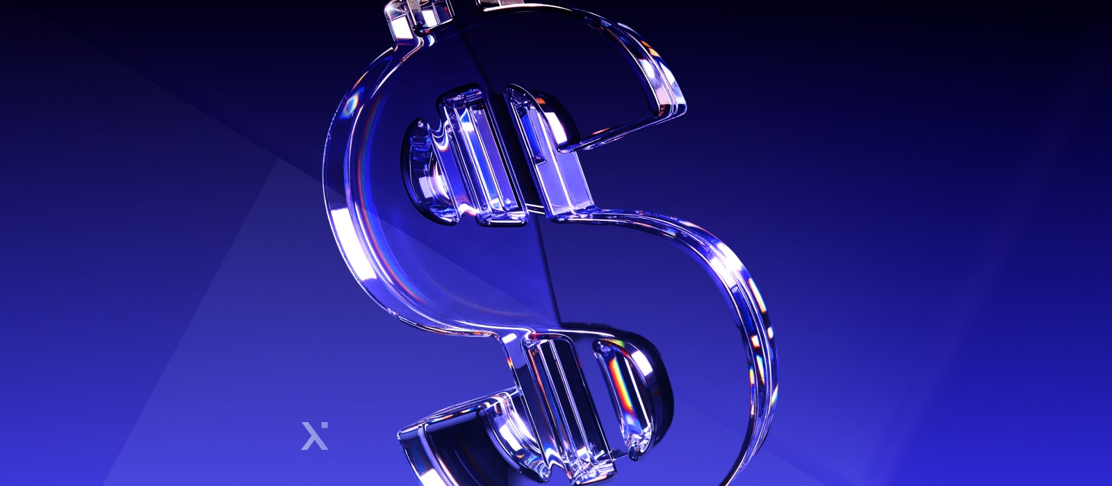 A blue and white crystal dollar sign, symbolizing wealth and prosperity, set against a neutral background