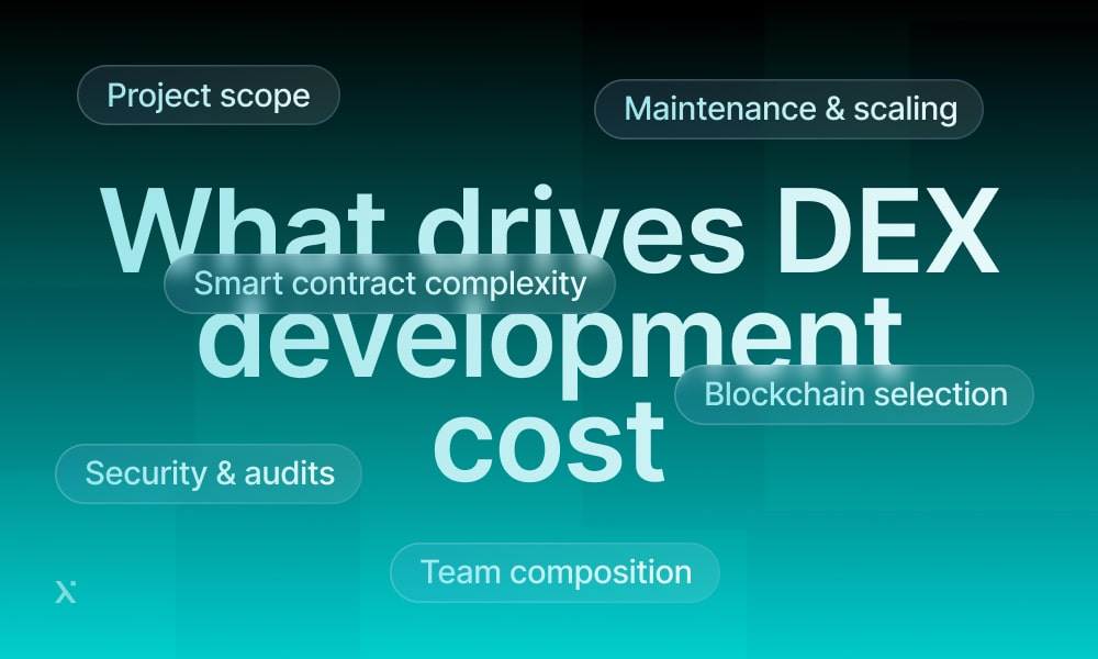 Chart detailing key elements that affect the cost of developing decentralized exchanges, such as features and compliance.