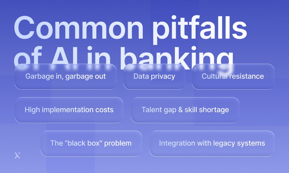 Infographic illustrating common pitfalls of AI in banking, highlighting risks and challenges faced by financial institutions.