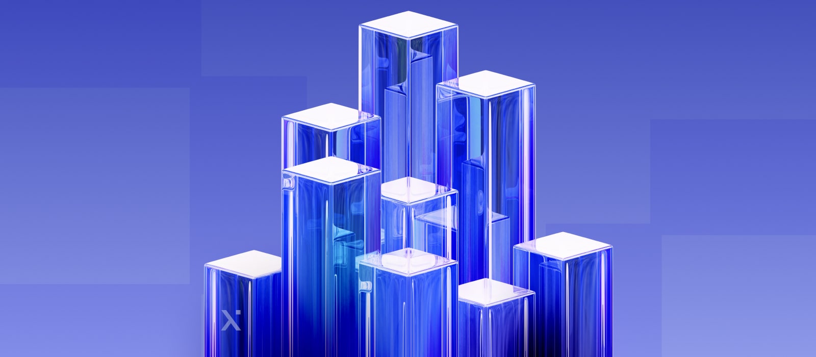 Abstract skyscraper design in blue and white, showcasing modern architectural elements against a clear sky.
