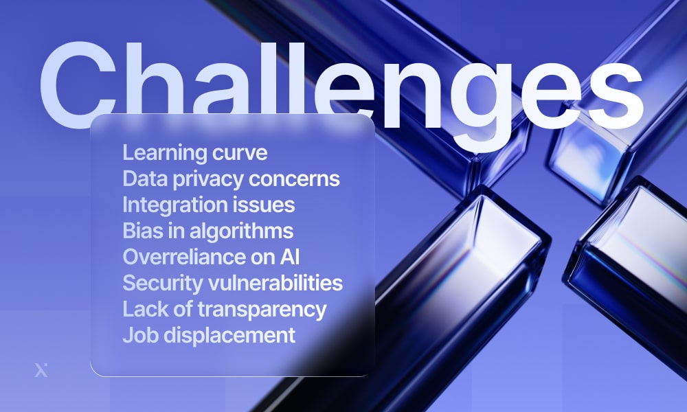 Visual representation of challenges in learning curve, data privacy, integrity, and security issues in technology.