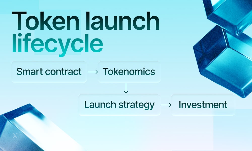 Diagram illustrating the stages of a token launch lifecycle, including planning, development, and market introduction.