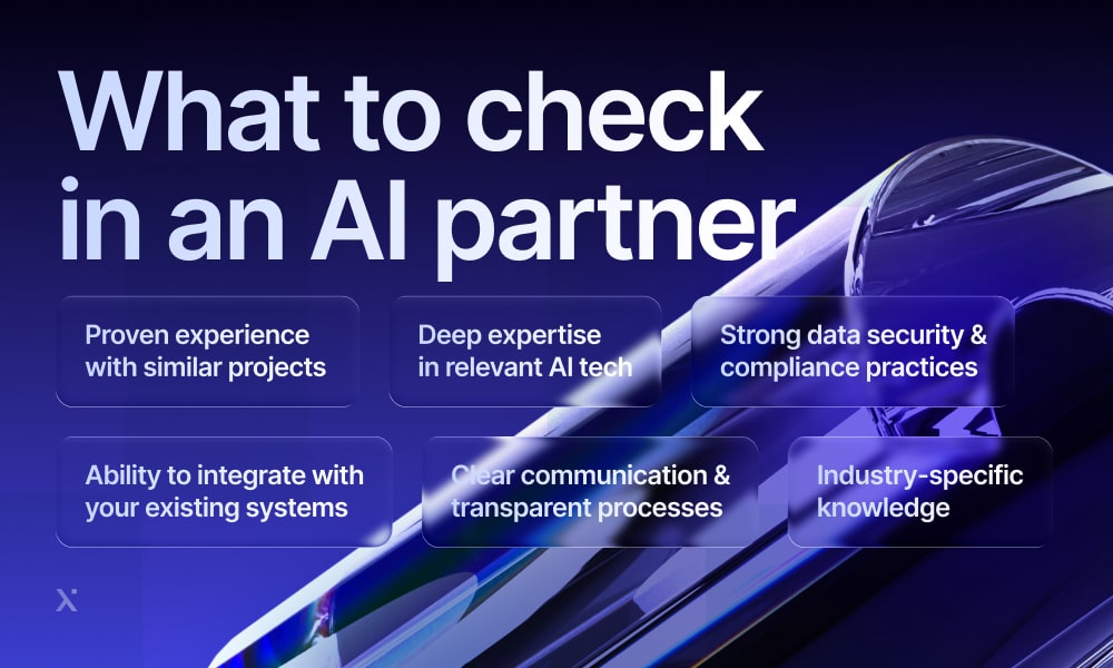 Visual guide outlining essential criteria to assess when selecting an AI partner for business or project needs.