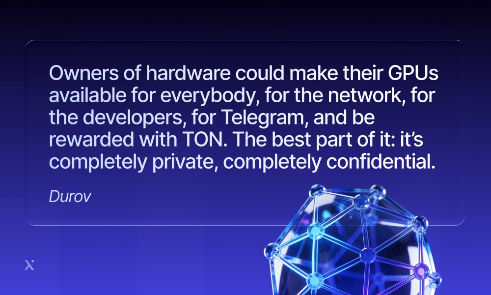 Image depicting hardware owners sharing GPUs for a network supporting Telegram developers and enhancing collaboration.