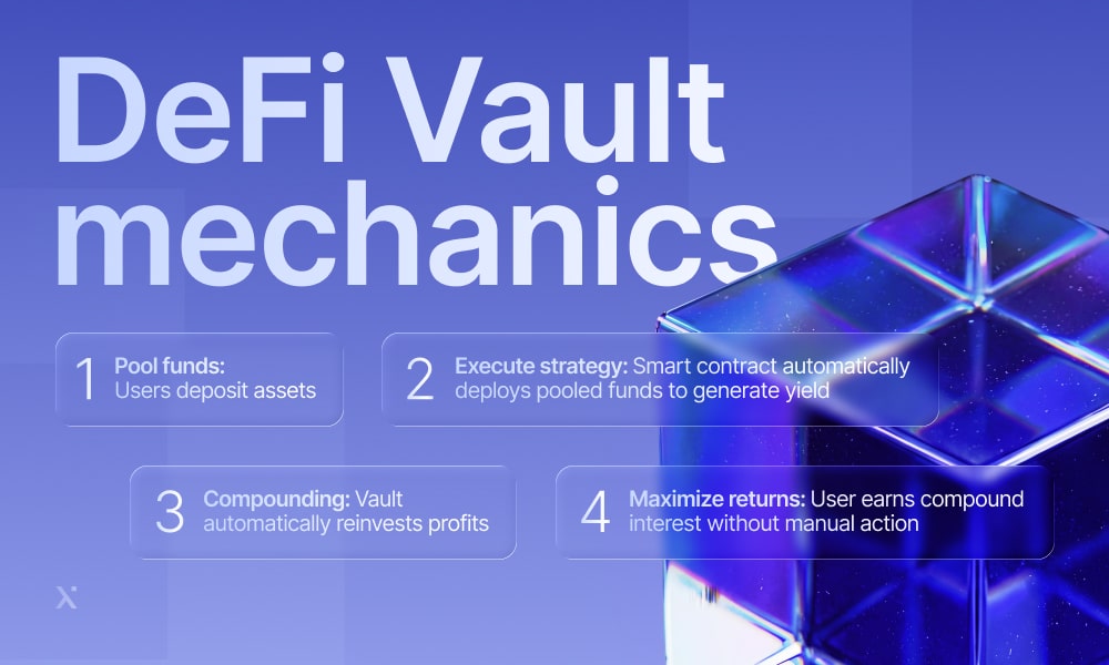 Infographic depicting the mechanics of a DeFi vault, highlighting key components of asset management and investment strategies.