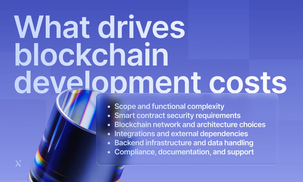 Infographic illustrating factors influencing blockchain development costs, including technology, team expertise, and project scope.
