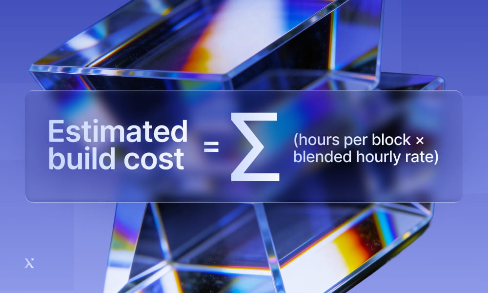 Diagram illustrating estimated build cost as hours per block multiplied by blended hourly rate.