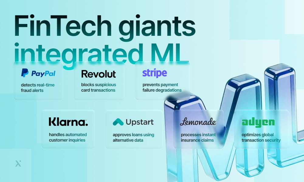 A graphic titled FinTech giants integrated ML features logos of PayPal, Revolut, Stripe, Klarna, Upstart, Lemonade, and Adyen, each with a description of how they use machine learning in their financial services.