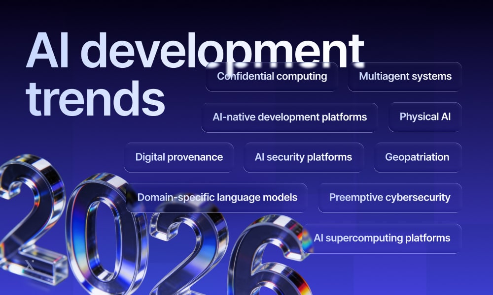 Infographic illustrating AI development trends for 2026, featuring key statistics and emerging technologies in the field.