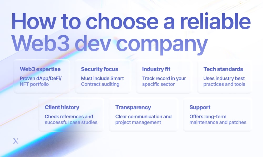 Infographic on selecting a trustworthy Web3 development company with key criteria and tips for evaluation.
