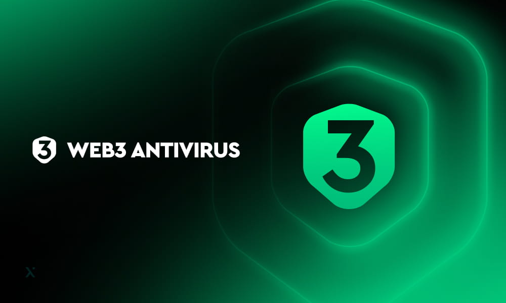 Dark green background with layered hexagon shapes. On the left, white text reads 3 WEB3 ANTIVIRUS next to a shield icon with the number 3. The right features a larger green shield with the number 3 inside.