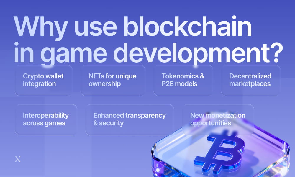 Infographic illustrating the benefits of blockchain technology in game development, highlighting security and player ownership.