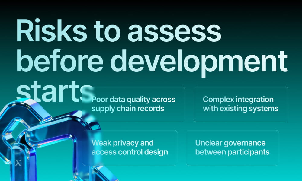 Blue background featuring the text Risks to assess before development starts in bold, clear font.