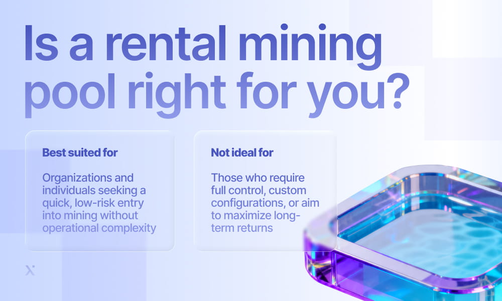 Graphic discussing the appropriateness of rental mining pools for users, showcasing mining gear and financial data visuals.