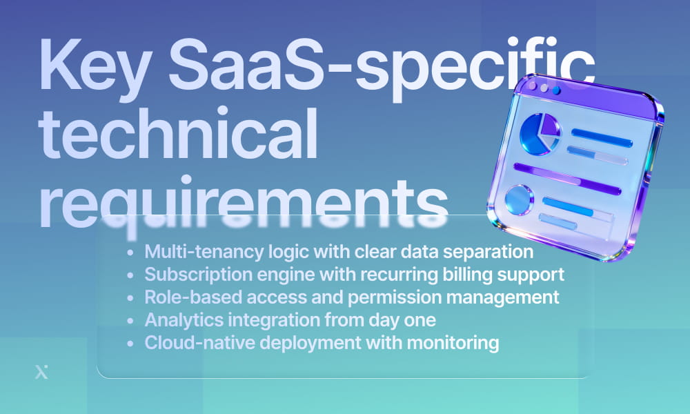 Diagram outlining key technical requirements for SaaS applications, including scalability, security, and integration needs.