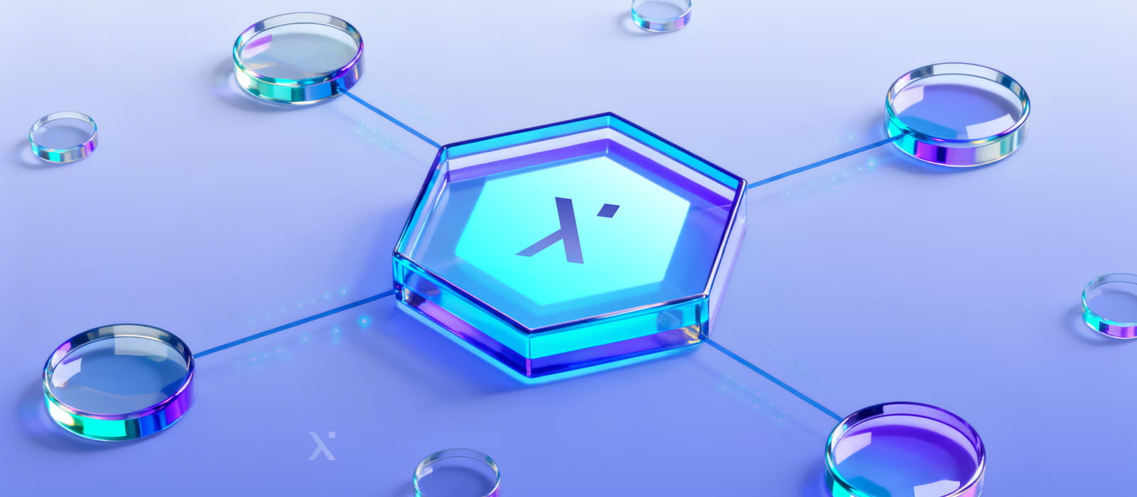 A transparent hexagonal object with a symbol in the center is connected to five circular nodes by thin lines, all set on a light blue surface.