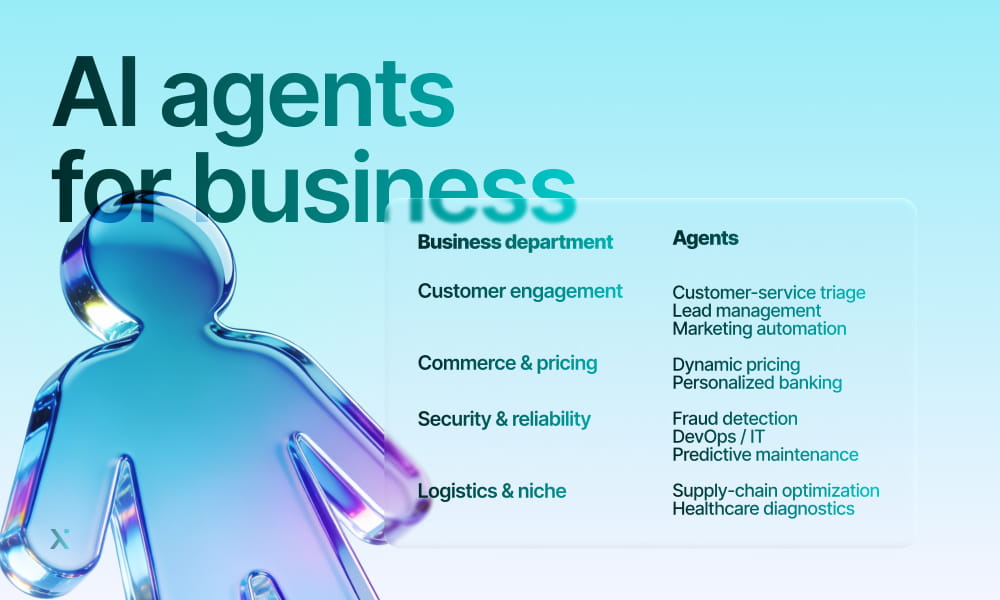 A man stands against a blue background with the text AI Agents for Business displayed prominently.