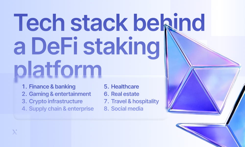 Infographic detailing the technology stack behind a decentralized finance staking platform, including essential tools and frameworks.