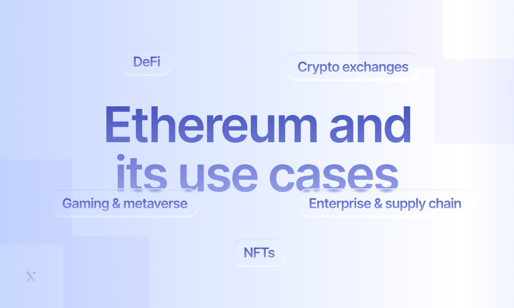 Ethereum graphic featuring diverse use cases, including finance, gaming, and blockchain technology applications.