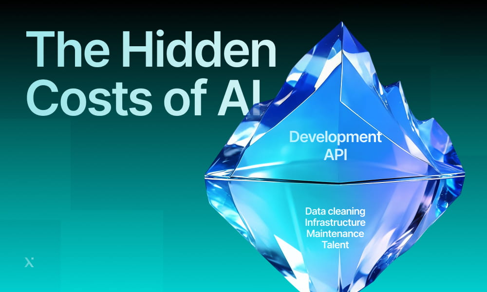 The image shows an iceberg against a gradient background, with The Hidden Costs of AI text. Visible part: Development API. Hidden: Data cleaning, Infrastructure, Maintenance, Talent.