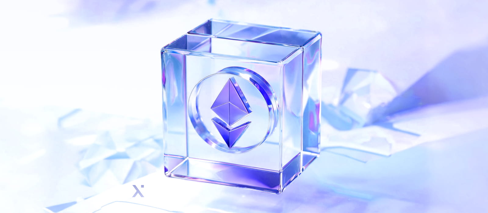 A crystal cube featuring a logo, reflecting light and showcasing its geometric design.