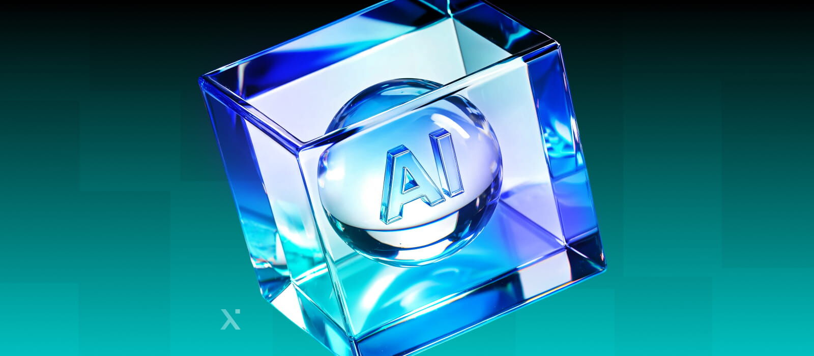 A transparent blue cube with AI embossed on a central sphere, set against a gradient turquoise background, conveys a futuristic and innovative tone.
