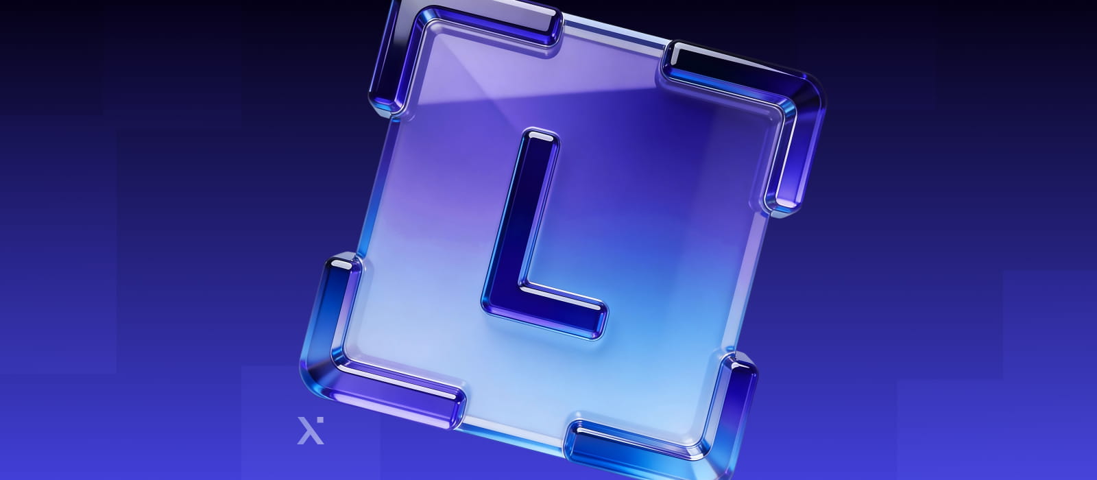 A blue and purple glass letter L displayed against a neutral background.