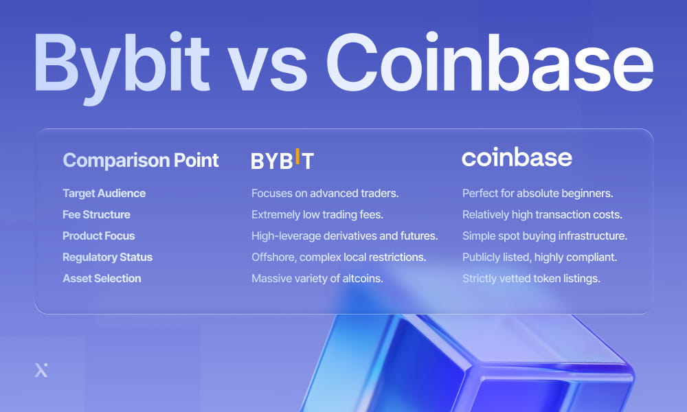 Comparison chart highlighting features and fees of Bybit and Coinbase for cryptocurrency trading.