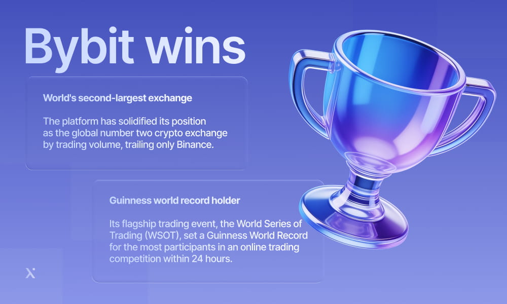 Bybit celebrates winning the title of the world's largest cryptocurrency exchange with a trophy and confetti.