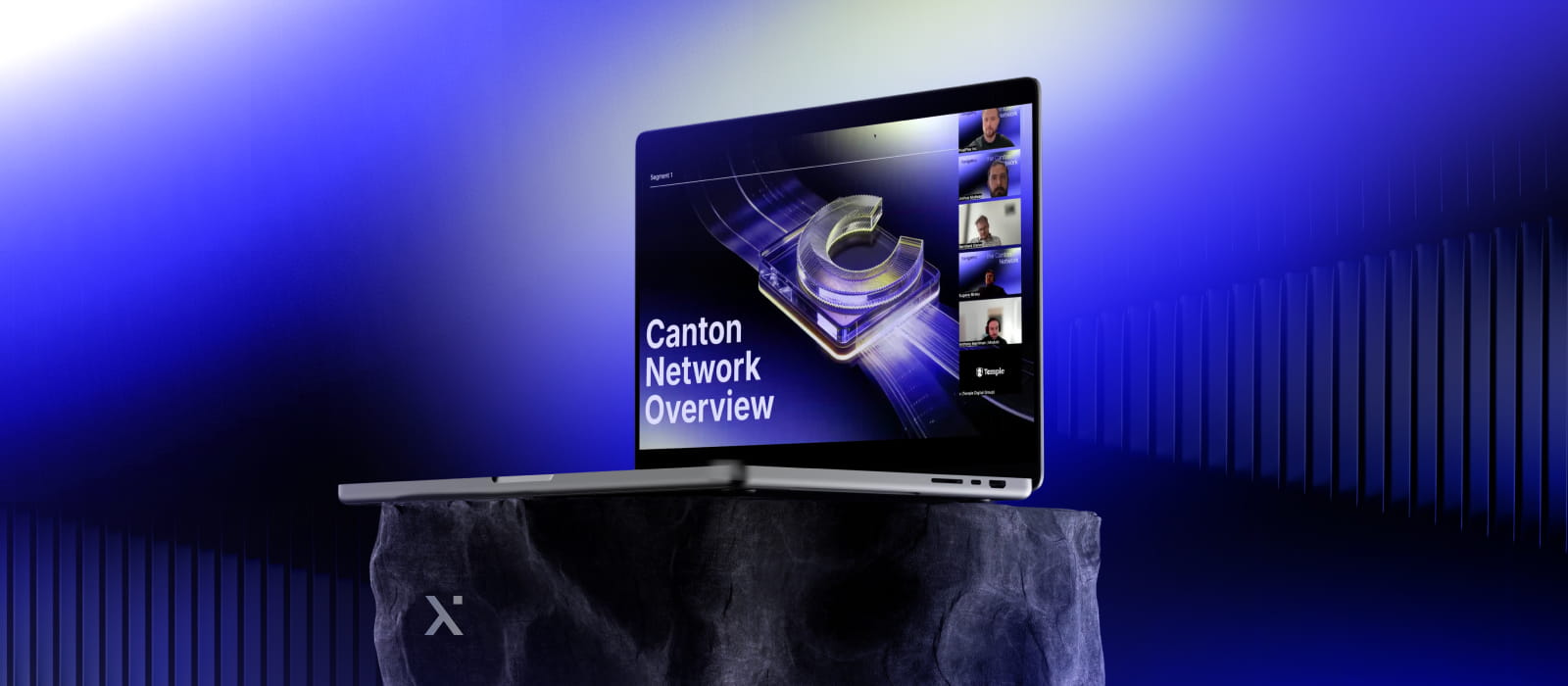 A laptop computer displayed on a pedestal against a solid blue background.