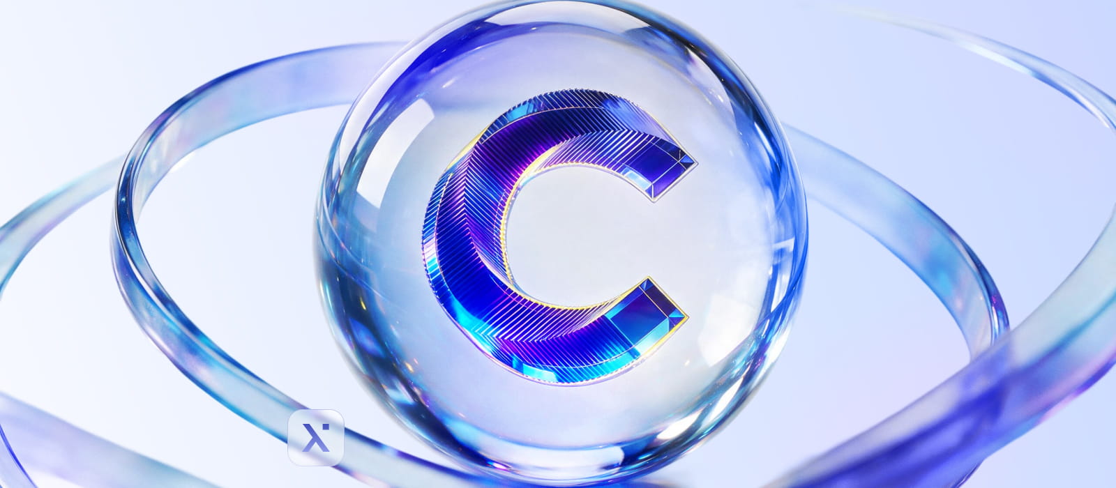 A blue and purple glass ball featuring the letter C prominently displayed on its surface.