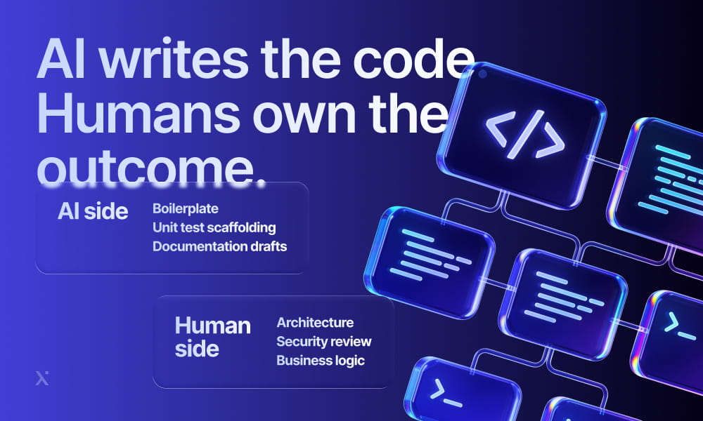 Text graphic stating AI writes the code, human beings own the outcome on a modern, abstract background.