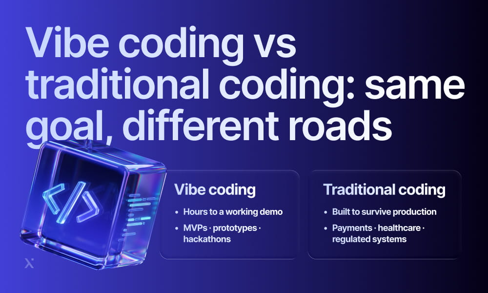 Visual representation of vibe coding versus traditional coding, highlighting distinct methods to reach identical objectives.